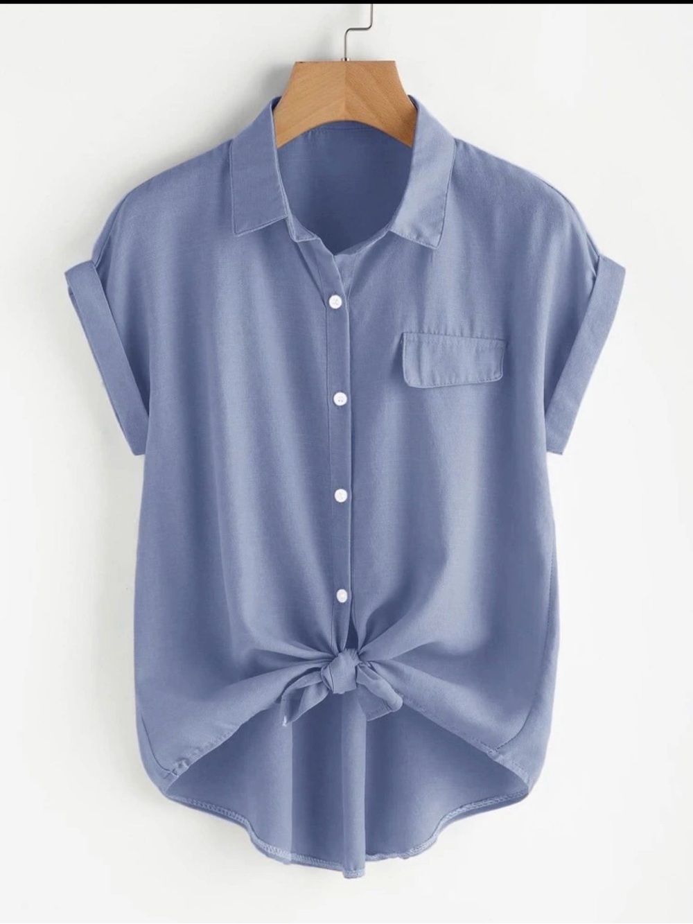 SHEIN Blue Short-Sleeve Button-Front Tie-Hem Top